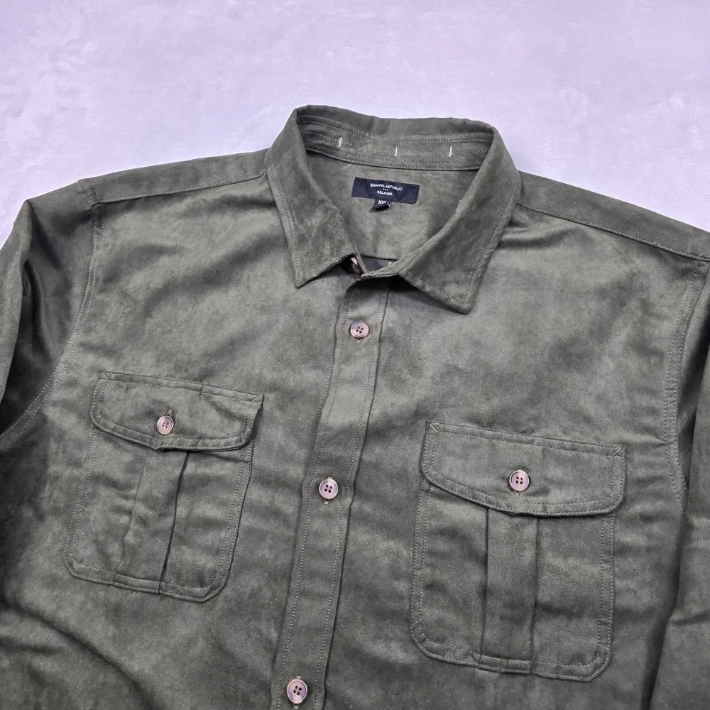 Banana Republic Faux Suede Shirt Men's 2XL Olive Green Long Sleeve‎ Relaxed Fit